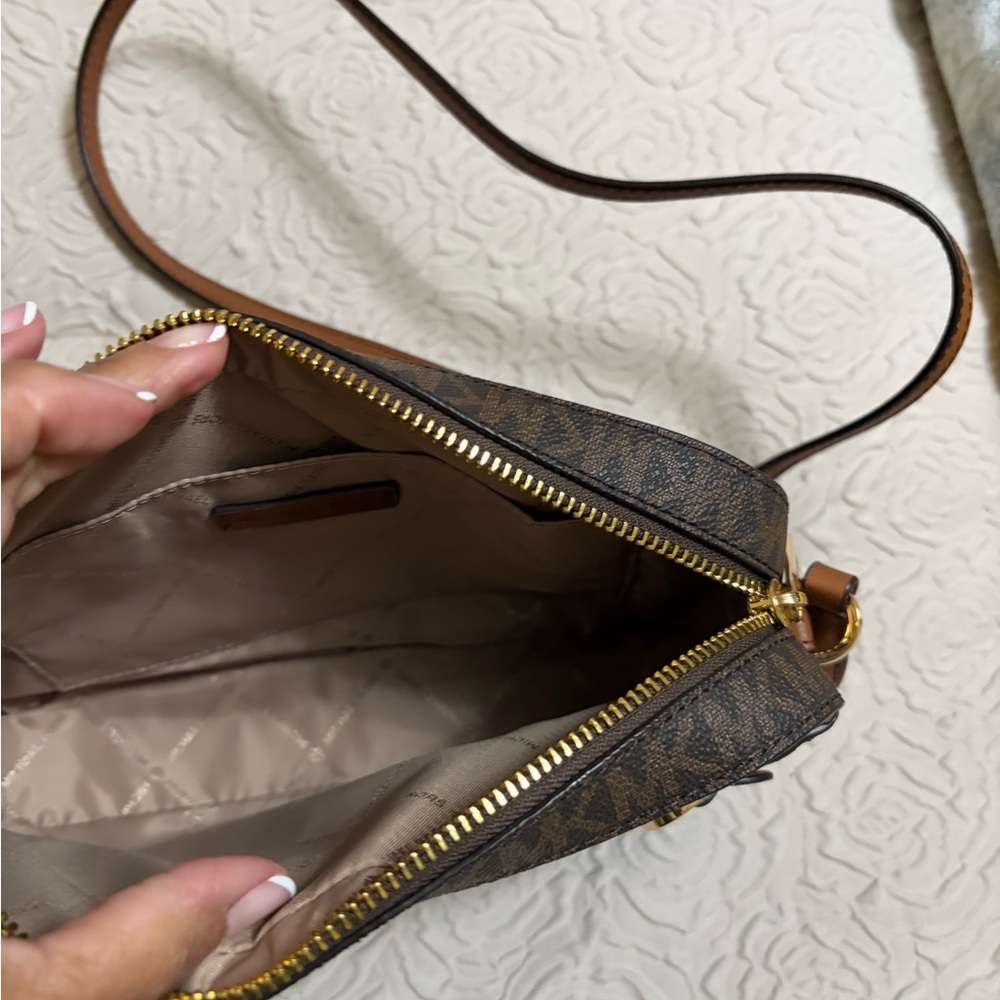 Michael Kors Brown Monogram Crossbody with Tan Strap and Gold Hardware